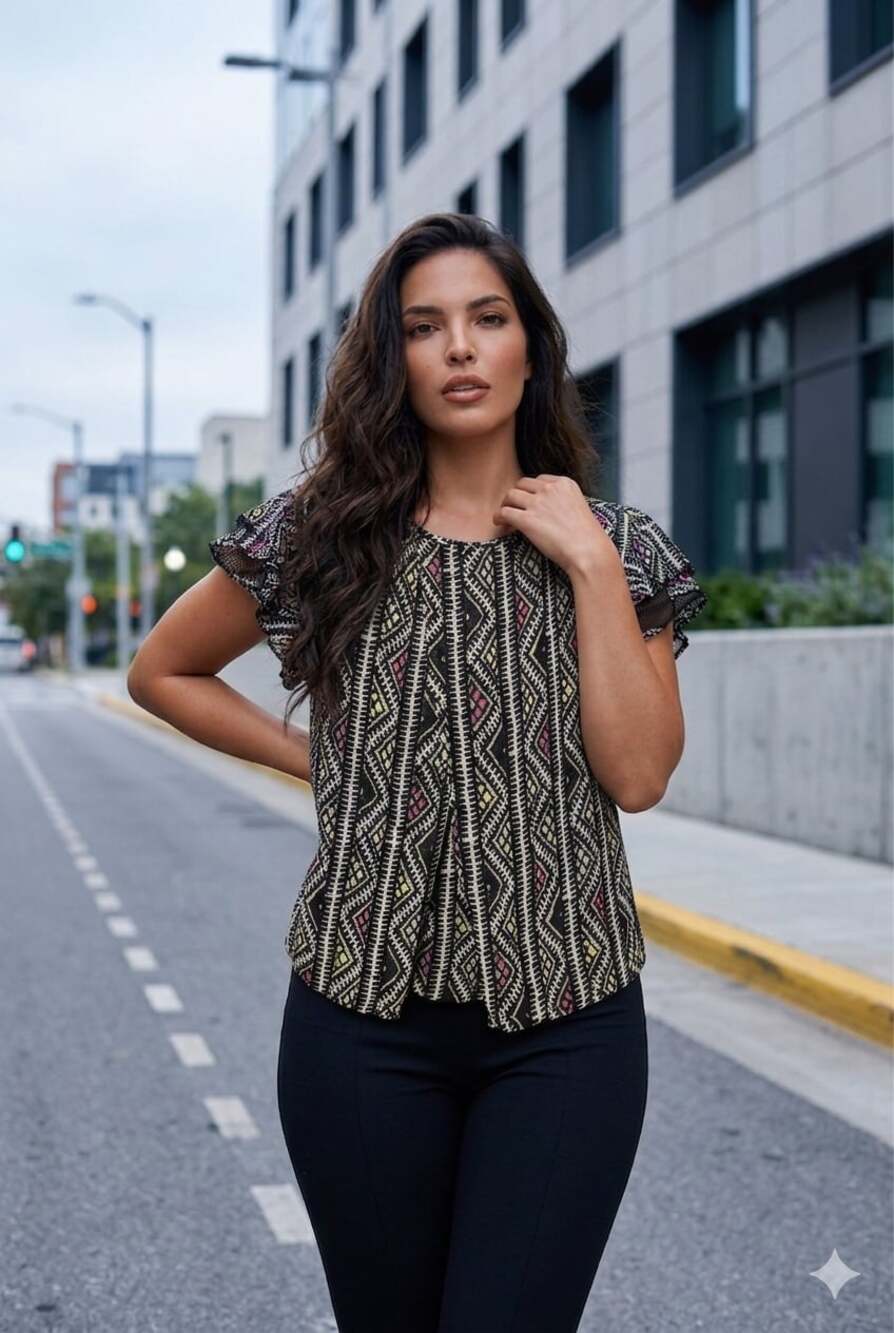 BCBGeneration Geo Pattern Ruffled Cap Sleeve Blouse